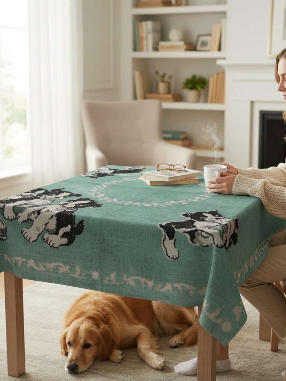 60x60 Cotton Puppy Tablecloth Sage Green Vintage Dog Print Farmhouse Cottagecore
